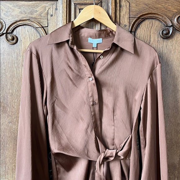 Gianni Bini Avery Long Sleeve Satin Point Collar Neck Faux Wrap Dress - Picture 2 of 13